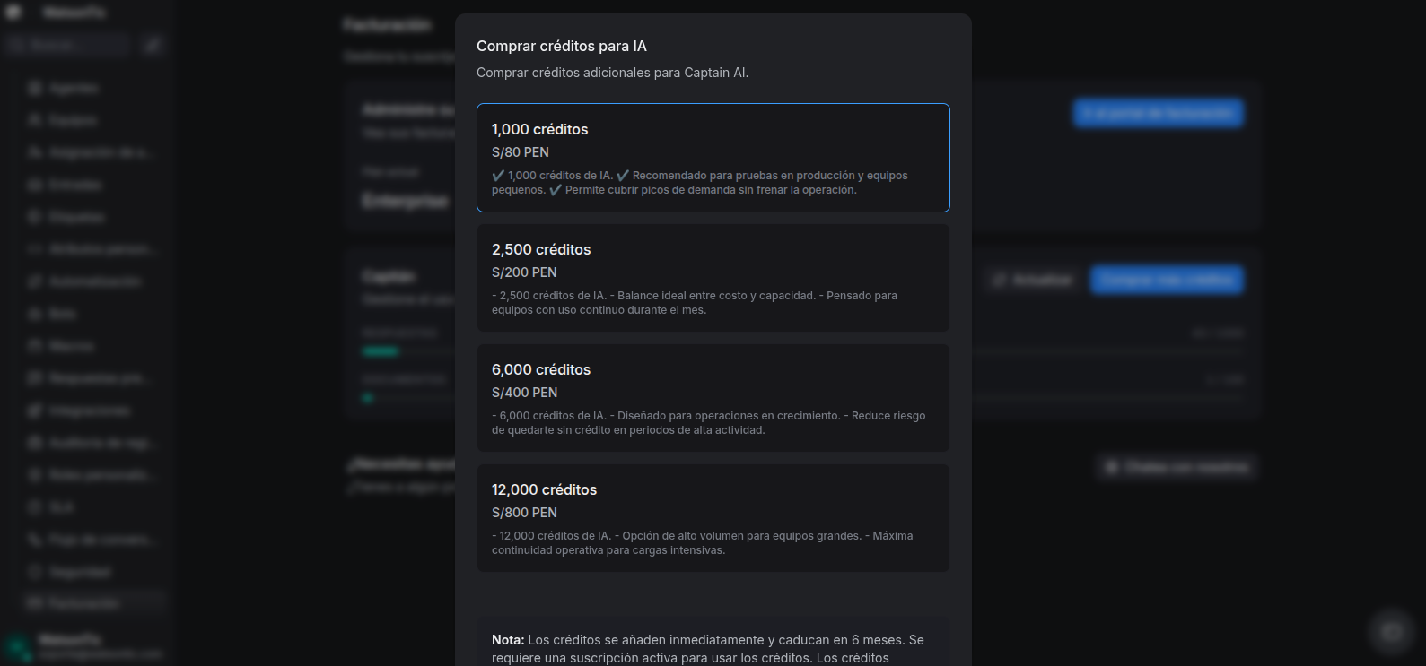Paquetes de Créditos Captain AI
